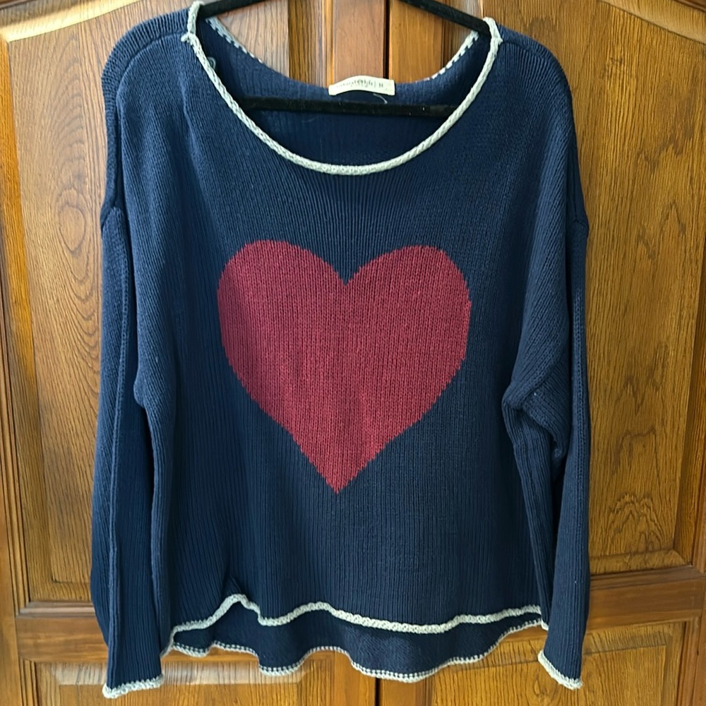 Navy sweater with large maroon heart